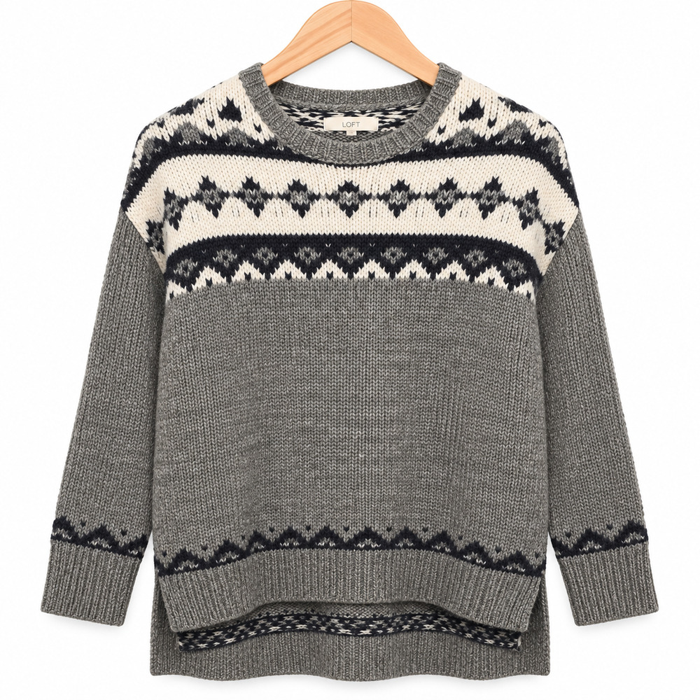 Loft Sweater Womens Medium Gray Fair Isle Heavyweight Fisherman Pullover NWT